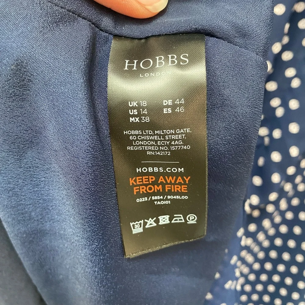 Hobbs London Spot Celia Fit & Flare Navy Polka Dot Midi Dress - size 14